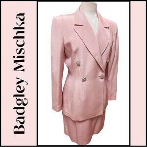 BADGLEY MISCHKA  2pc Elegant Suit Pale Nude Pink Silk Rhinestone Buttons 12 NEW